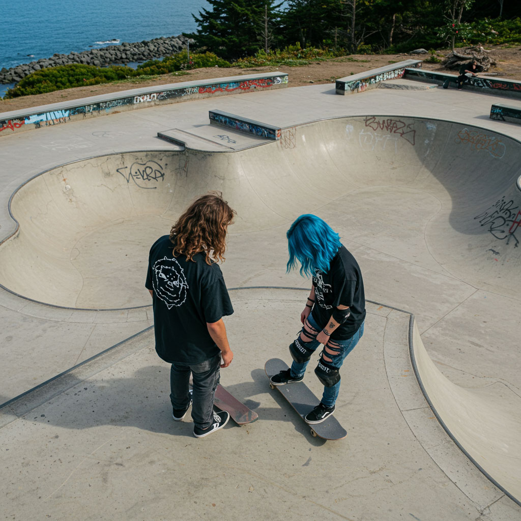 Skatepark with skateboarding features and elements